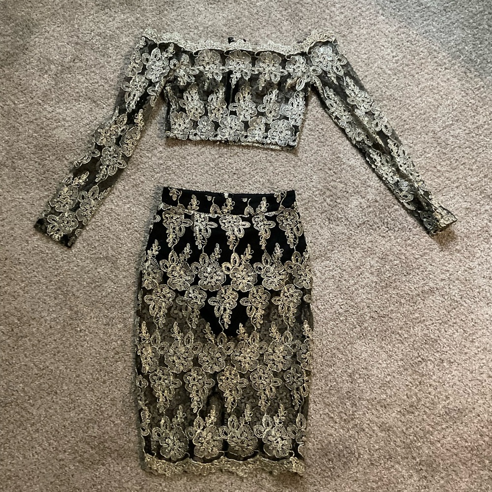 Fashion Nova Black and Cream Embellished Pencil Skirt